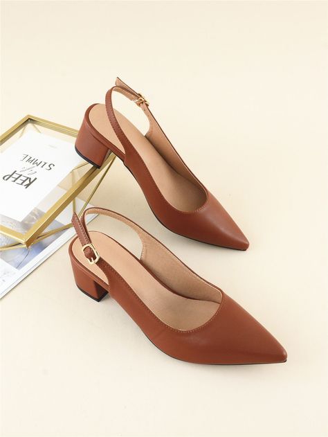 Brown Elegant Collar Plain Slingbacks Embellished Women Shoes Women’s Business Professional Shoes, Feminine Shoes Aesthetic, Classic Pumps Heels, Classic White Heels, Cute Shoes For Work, Office Work Shoes Women, Formal Dress Shoes Womens, Fall Business Casual Shoes, Office Work Shoes