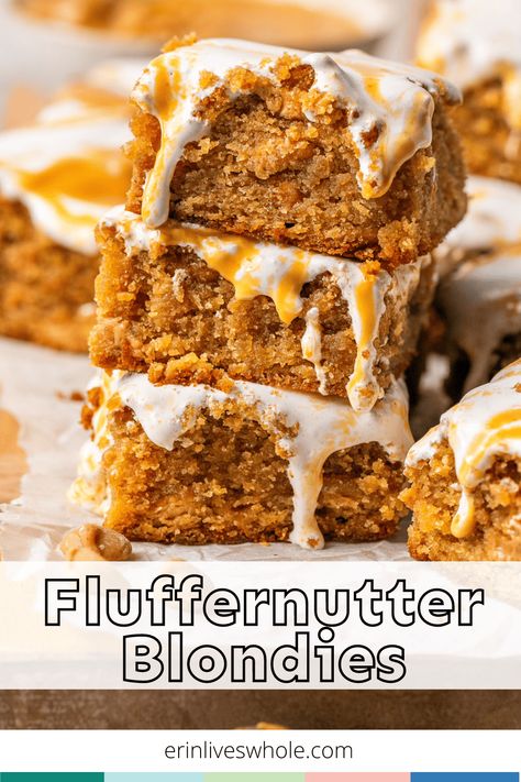 For tonight's dessert, go for something new and delicious with these Fluffernutter Blondies! They're made with everything delicious like brown sugar, peanut butter, and even marshmallow fluff. Chocolate Chip Fluffernutter Blondies, Fluffanutter Bars, Peanut Butter Fluff Bars, Fluffer Nutter Bars, Flutternutter Bars, Fluffernutter Cookie Bars, Desserts With Marshmallow Fluff, Fluffernutter Dessert, Fluff Recipes Desserts