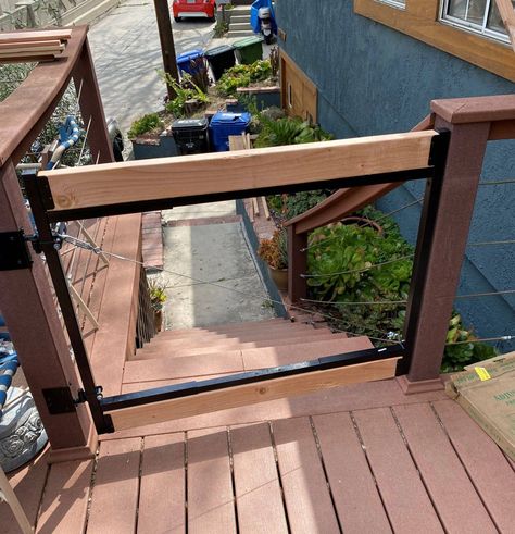 How To Build A Deck Gate With Easy To Source Materials - ManMadeDIY Building A Gate For A Deck, Deck Gate Diy, Diy Porch Gate, Deck Gate Ideas, Cable Railing Diy, Deck Gates, Diy Dog Gate, Diy Gate, Porch Gate