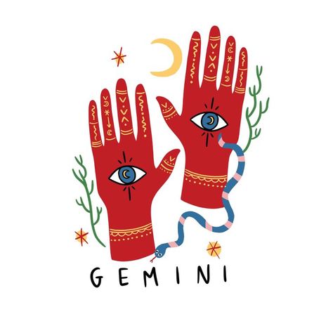 Illustration by Roxane Damidot Handprint Art Kids, December Projects, Handprint Art, Zodiac Art, Gemini Zodiac, Star Signs, Vintage Images, Linocut, Art For Kids