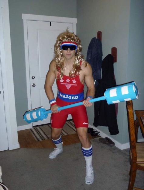 Olympics Party Outfit, American Costume Ideas, Olympics Halloween Costume, Olympic Halloween Costume, Olympian Costume, Beer Olympics Outfits Costume Ideas, Olympic Dress Up Ideas, Olympic Halloween Costume Ideas, Diy Strong Man Costume