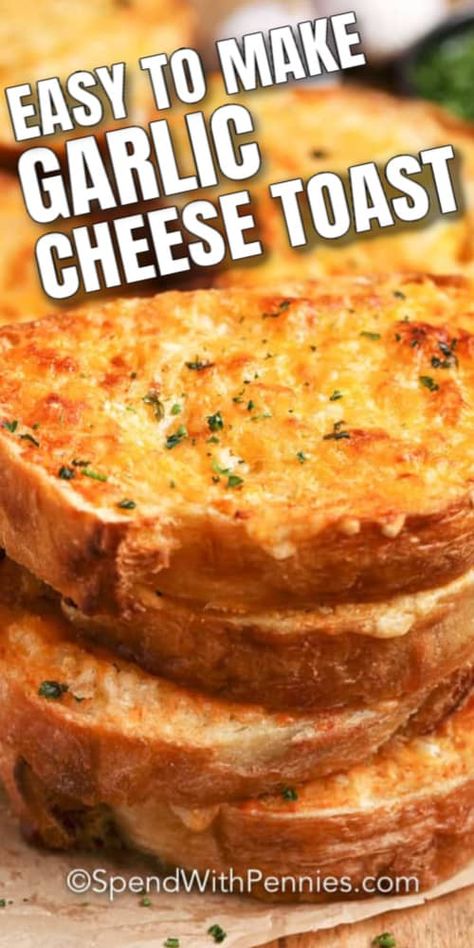 Cheese toast is an easy recipe that is so delicious! Bread is topped with a cheesy garlic mixture and oven-baked until golden brown and melty!  #spendwithpennies #garliccheesetoast #cheesetoast #baked #recipe #oven Bread Garlic Cheese, Garlic Cheese Pull Apart Bread, Garlic Cheese Toast, Cheese Pull Apart Bread, Cheese Pull Apart, Cheese Toast Recipe, Bread Garlic, Cheese Pull, Homemade Garlic Bread