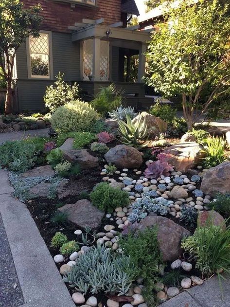 32 Inexpensive Desert Landscaping Ideas For a Perfect Drought-Tolerant Garden | Decor Home Ideas Alternative Landscaping Ideas, Rocks In Landscape, Lakehouse Vibes, Decorative Downspouts, Xeriscape Front Yard, Moderne Have, Rock Yard, No Grass Backyard, Small Front Yard Landscaping