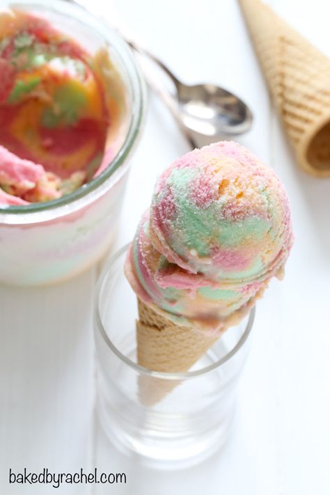 Rainbow Sherbet | Baked by Rachel Rainbow Recipes, Sherbet Recipes, Raspberry Orange, Ice Cream Maker Recipes, Rainbow Sherbet, Homemade Ice Cream Recipes, Frosé, Rainbow Food, Ice Cream Popsicles