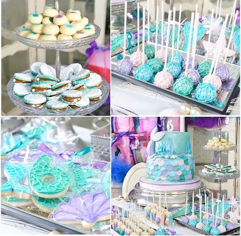 Little mermaid theme.  Pastel colors. Candy table. Cake pops. Mermaid Candy Table, Candy Tower, Chocolate Table, Theme Pastel, Mermaid Ideas, Treat Table, Mermaid Baby, Mermaid Under The Sea, Baby Mermaid