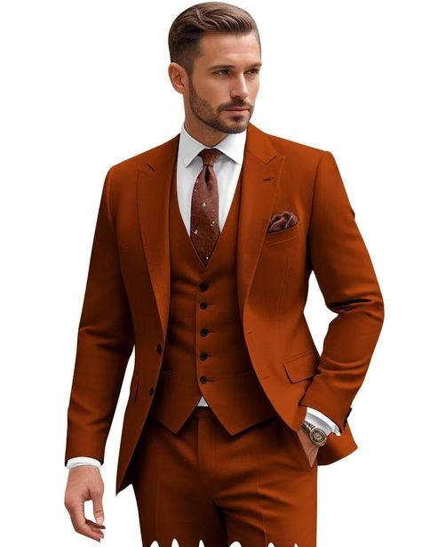 PRICES MAY VARY. High quality fabric: This Men Suits We use 80% polyester and 20% viscose for this Single Breasted Mens 3 Pieces Suits Sets Burnt Orange Slim Fit Formal Suits Burnt Orange. Fabric breathable comfortable, not easy to fold, suitable for all year round wear CKGJLJ Suit Size Chart:This Burnt Orange Slim Fit Burnt Orange Suits 3 Pieces Sets go to check picture to find your CHEST and WAIST. If they are not in the same size, Please tell us your Blazer Chest/Shoulder Width/Belly/Sleeve L Fall Colored Suits For Men, Orange Suits For Men, Orange Groomsmen Attire, Orange Suit Mens, Burnt Orange Suit, Suits For Men Wedding, 3 Piece Suit Men, Suit For Men Wedding, Suits Men Slim