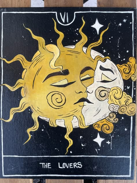 The Sun Aesthetic Tarot, Tarot Acrylic Painting, The Moon Tarot Painting, Lovers Abstract Art, Diy Wall Decor Painting Canvases, Sun Moon Stars Painting, Sun Moon Painting Acrylic, Moon And Sun Painting Canvases, Tarot Painting Ideas