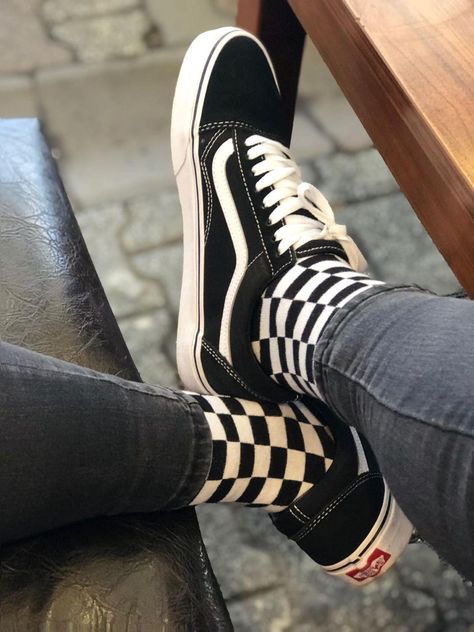 Checker Outfit, Checkered Outfit, Custom Streetwear, Checkered Socks, Socks Aesthetic, Black And White Socks, Sneaker Socks, Printed Socks, Black White Checkered