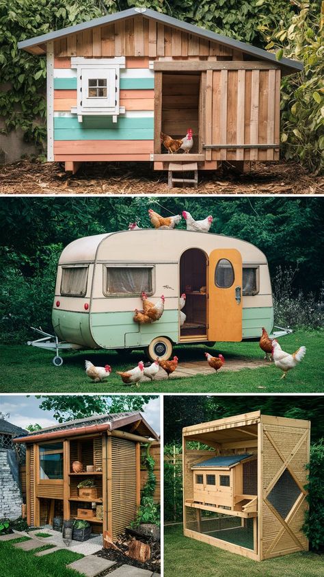 Discover ingenious chicken coop designs that won't break the bank! From repurposed materials to space-saving layouts, these cheap DIY ideas will have your feathered friends clucking happily. Get inspired to create a cozy and cost-effective home for your backyard flock! 🏡🌿 Fun Chicken Coop Ideas, Camper Chicken Coop, Repurposed Chicken Coop, Trailer Chicken Coop, Chicken Coop Designs Diy Cheap, Cheap Diy Ideas, Dream House Ideas Bedrooms, Duck House Plans, Chicken Pens