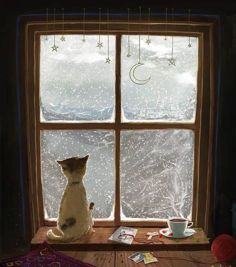 Inspirational Illustrations on Instagram: “#winter #cozy #home #bedroom #cats #snowing…” Window Illustration, Window Drawing, Winter Window, Winter Cat, Cat Window, Winter Illustration, Window Art, Window Painting, Winter Art