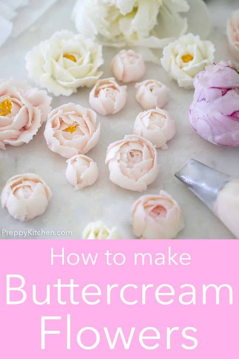 Making Icing Flowers, How To Make Flowers Out Of Icing, Stiff Buttercream Frosting For Flowers, Butter Cream Decorating Ideas, How To Make Frosting Flowers, Stiff Buttercream Frosting For Piping, How To Make Buttercream Flowers, How To Pipe Flowers, Buttercream Leaves