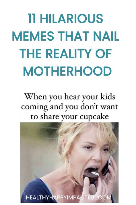 Woman eating a cupcake while talking on the phone to avoid sharing with her kids. Text above reads: "When you hear your kids coming and you don’t want to share your cupcake."