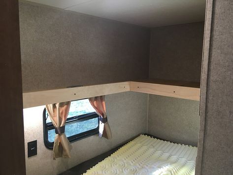 Top bunk removal ( coffin), shelf made with bunk material - Forest River Forums Rv Bunk Remodel Travel Trailers, Rv Bunk Renovation, Corner Rv Bunk Remodel, Rv Top Bunk Storage Ideas, Rv Shelf Ideas, Top Bunk Ideas, Rv Bunks Remodel, Rv Bunkhouse Remodel, Camper Bunk Bed Ideas