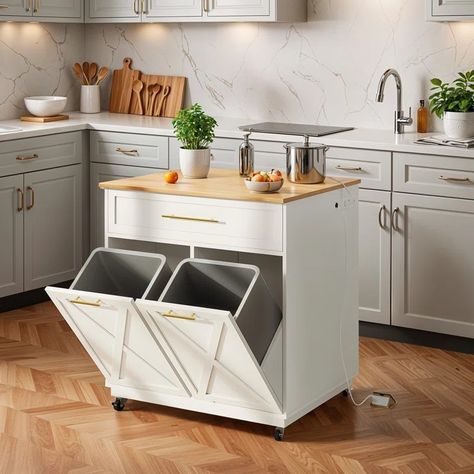 Kitchen Island With Trash Pull Out, Kitchen Island Rolling, Ambers Kitchen, Tilt Out Trash Can, Rolling Island, Trash Can Storage, Kitchen Carts On Wheels, Freestanding Kitchen Island, Butcher Block Island Kitchen