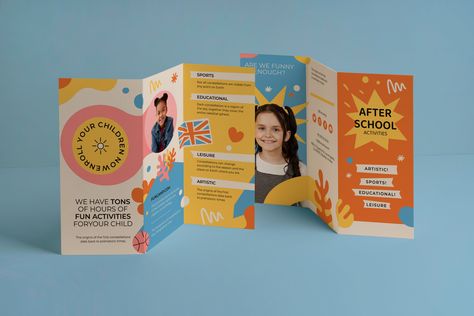 Creative Hand-drawn After School Activities Trifold Brochure Trifold Brochure Design Layout Creative, School Brochure Design Creative, Preschool Brochure, School Brochure Design, Kids Brochures, Leaflet Layout, Booklet Layout, Education Brochures, Teacher Brochure