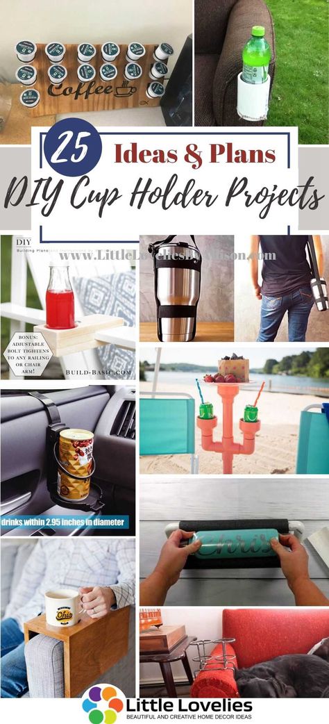 25 DIY Cup Holder Projects – How To Make A Cup Holder Nightstand Cup Holder, Chair Drink Holder Diy, Diy Car Cup Holders Ideas, Diy Pool Cup Holder, Luggage Cup Holder Diy, Diy Car Coasters Cup Holders, Luggage Travel Cup Holder Diy, Rv Cup Holder Ideas, Diy Car Cup Holders