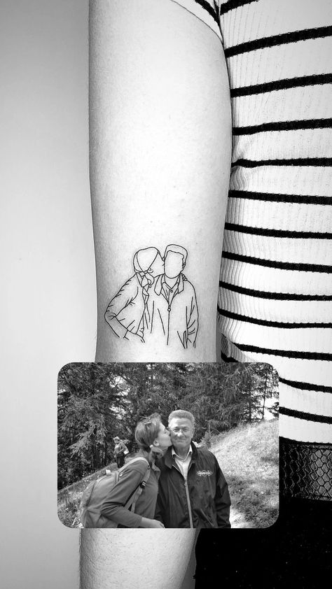 Fine line tattoo :) Line Tattoos Family, Picture Line Tattoo, Family Line Tattoo Ideas, Memorial Parents Tattoos, Outlined Picture Tattoo, Symbolic Tattoos For Family, Fine Line Photo Tattoo, Tattoo For Grandparents Meaningful, Tattoo From Picture