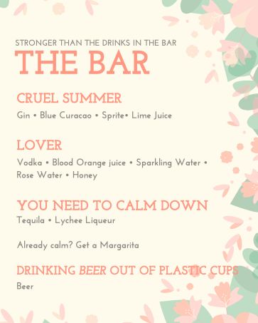 Drink Menu Bachelorette, Taylor Swift Lover Party Food, Non Alcoholic Taylor Swift Drinks, Bach Party Drinks, Taylor Swift Inspired Alcoholic Drinks, Taylor Swift Lover Drinks, Eras Tour Drink Ideas, Taylor Swift Inspired Drinks Cocktails, Taylor Swift Alcoholic Drinks