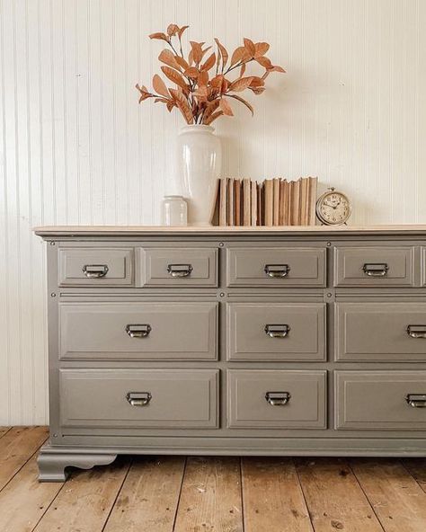 Nursery Dresser Refurbished, Tan Painted Dresser, Wood Top Dresser, Dresser Farmhouse, Refurbished Dresser, Grey Painted Furniture, Dresser Decor Bedroom, We Are Open Today, Shabby Furniture