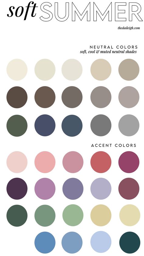 Soft Summer Wardrobe Colors — THE DAILEIGH Summer Muted Cool Color Palette, Cool And Soft Color Palette, Soft Summer Work Wardrobe, Soft Summer Colors To Avoid, Color Palette Light Summer, Soft Summer Fall Colors, Colour Palette Soft Summer, Soft Summer Neutrals Color Palettes, Soft Muted Outfits