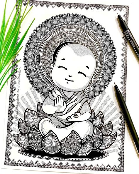 Karishma Srivastava | Mandala on Instagram: “Lord Buddha, a symbol of Peace and Harmony ✌️☮️ Would love to know your thoughts on this work. Please write in the comments below. Thank…” Mandela Art Buddha, Peace Mandala Art, Lord Buddha Mandala Art, Lord Mandala Art, Cute Buddha Drawing, Mandela Art Drawing, Buddha Doodle Art, Buddha Mandala Artwork, Buddha With Mandala