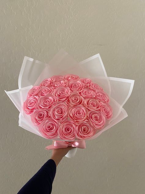 Easy DIY Paper Flowers: Step-by-Step Tutorials Birthday Ribbon Bouquet, Satin Bouquet Flower, Ribbon Bouquet Ideas, Satin Ribbon Flowers Bouquet, Satin Flower Bouquet, Ribbon Roses Bouquet, Satin Rose Bouquet, Satin Ribbon Bouquet, Ribbon Flower Bouquet