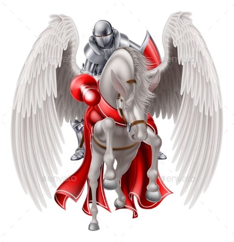 Medieval knight in armour on a pegasus legendary mythological winged horse holding a lance ready for a joust or combat Horse Knight, Winged Horse, Knight Armor, Fairytale Fantasy, White Wings, Medieval Knight, Vector Character, Logo Icons, Ipad Mini