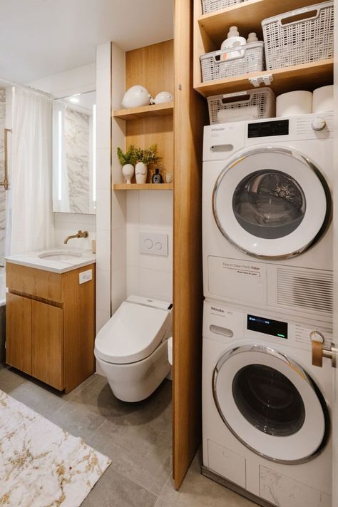 Washer Dryer In Bathroom, Small Bathroom With Washer And Dryer, Small Bathroom With Laundry, Dryer In Bathroom, Stacking Washer Dryer, Laundry Room Closet Ideas, Washer Dryer Closet, Small Washer And Dryer, Room Closet Ideas