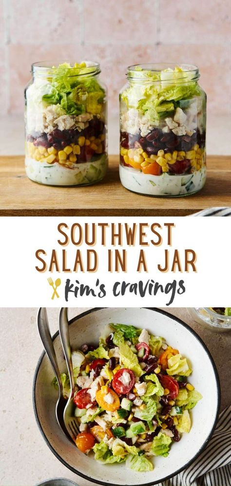 Delicious Southwest Salad in a Jar is quick and easy to make, and perfect for meal prep! Tender chicken is layered with crunchy cucumbers, fresh tomatoes, corn, black beans and crisp lettuce with creamy dressing in a jar. So, you don’t have to worry about your veggies getting soggy or bringing a separate container for dressing! Southwest Chicken Salad Meal Prep, Southwest Bowl Meal Prep, Black Bean And Corn Mason Jar Salad, Southwest Mason Jar Salad, Salads In Jars, Salad Meal Prep Mason Jar, Vegetarian Jar Meals, Meal Prep Salad In A Jar, Salad In A Jar For A Week