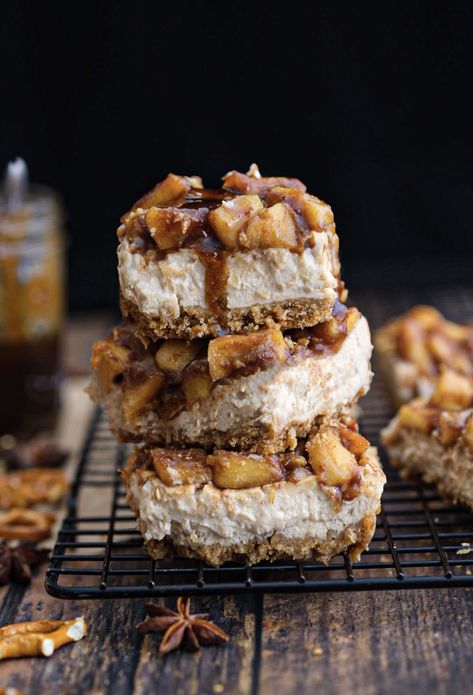 Wandering Chickpea, Baked Apple Cheesecake, Apple Cheesecake Bars, Pretzel Bars, Winter Dessert, Pretzel Crust, Apple Cheesecake, Vegan Apple, Apple Dessert Recipes