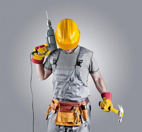 Builder in a helmet with a hammer and a drill. On grey isolated background , #spon, #hammer, #helmet, #Builder, #drill, #background #ad Photography Assignments, Woodworking School, Handyman Services, Phone Wallpaper Design, Photo Magazine, Put On, New Work, Stock Images Free, Stock Photography