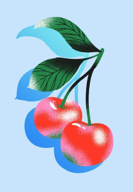 Flat Gradient Illustration, Cherry Blossom Graphic Design, Cherry Graphic Design, Cherry Illustration, Rug Tufting, Illustration Styles, 카드 디자인, Fruit Illustration, Arte Inspo