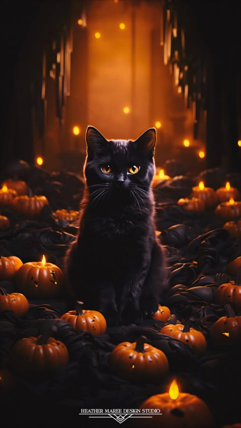 Embrace the enchanting spirit of autumn with this captivating image where a silky black cat, its amber eyes gleaming, lounges amidst a sea of little orange pumpkins in a dark spooky room. The contrast of black and orange evokes the essence of Halloween. Set this as your fall wallpaper or lock screen for a bewitching seasonal touch that captures the magic of the season | Fall Aesthetic | Halloween Wallpaper | Fall Backgrounds Iphone | Spooky Aesthetic Black And Orange Iphone Wallpaper, Halloween Animal Wallpaper, Fall Black Cat Wallpaper, Halloween Cat Backgrounds Wallpapers, Haloween Wallpers Iphone, Wallpaper Backgrounds Halloween Cute, Fall And Christmas Wallpaper, 4k Wallpaper Iphone Halloween, Samhain Wallpaper Iphone