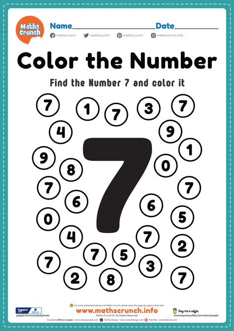 Pre k math worksheets number 7 coloring maths | Maths Crunch Activities For Kindergarten Children, Pre K Math Worksheets, Basic Mathematics, Learning Numbers Preschool, Number Worksheets Kindergarten, Pre K Worksheets, Preschool Number Worksheets, Numbers Worksheets, Preschool Math Worksheets