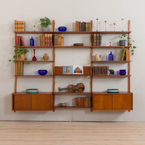 Cabinets With Sliding Doors, Mid Century Shelving, Mid Century Shelf, Mid Century Modern Shelves, Mid Century Wall Unit, Teak Wall Unit, Office And Guest Room, Mcm Living, Mid Century Storage