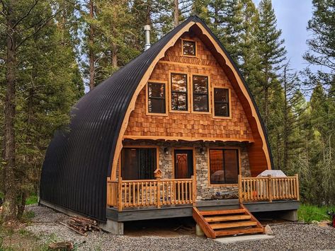 The Mossy Fox Inn, Custom designed and built by Dana Denney. This Gothic Arch cabin resides just outside Yellowstone national Park. It took three and a half years to complete the almost entirely handcrafted interior and exterior finishes. It can be seen in it's entirety at. airbnb.com/h/lostsoulslodge #cabinlife #cabinporn #yellowstone #cabinliving #mountainlife #cabinsdaily #cabins #storybook #storybookcabin #gothic #gothicarch Gothic Arch Cabin, Arched Cabin Interior, Arch Cabins, Spanish Cabin, A Frame Cabin Interior, Gothic Cabin, A Frame House Kits, Arched Cabins, Homestead Design