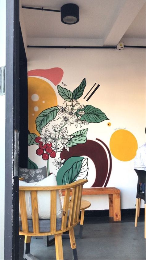 Wall decor ideas English Cafe Design, Cafe Murals Ideas, Coffe Murals, Wall Painting Ideas Cafe, Coffee Mural Art, Cafe Mural Ideas, Cafe Wall Art Murals, Cafe Wall Painting, Coffee Graffiti