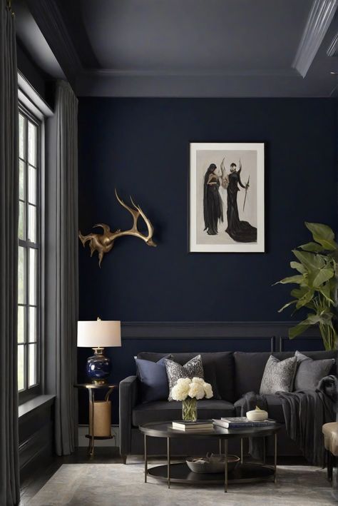 Is Dark Night (SW 6237) wall paint good for a living room? [2024] Top Picks - West Pear Interiors Monochrome Painted Room, Media Room Dark Walls, Dark Painted Living Room Walls, Dark Night Sw Paint, Sherwin Williams Dark Night Bedroom, Sw Dark Blue Paint Colors, Darkest Blue Paint Color, Media Alcove, Dark Paint Living Room