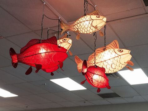 Hanging silk fish lanterns from Beijing, China Fish Hanging From Ceiling, Hanging Fish Decor, Things To Hang From Ceiling, Fish Room Decor, Fish Furniture, Fish Lamps, Cute Lantern, Lantern Fish, Fish Lanterns