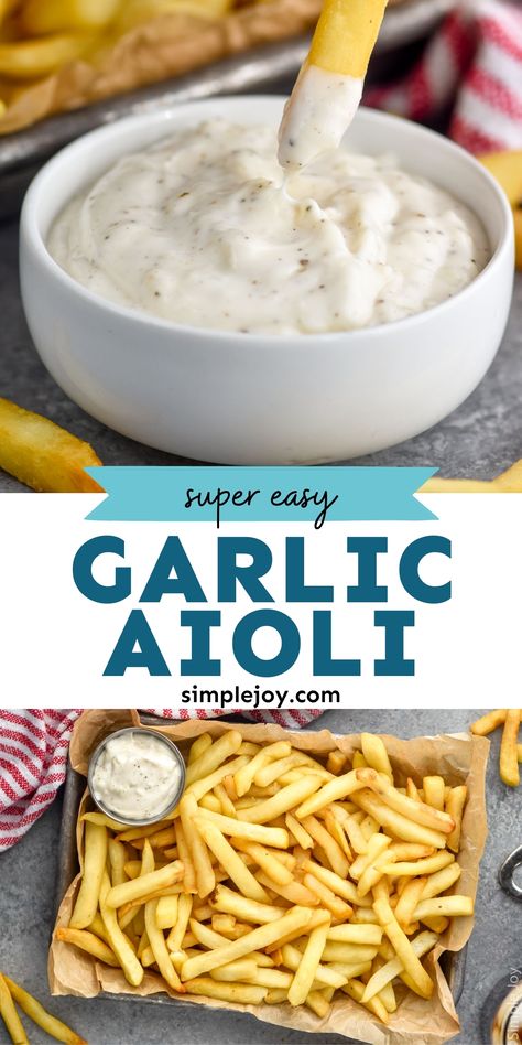 Garlic Aioli is such a simple and delicious sauce recipe. Use it as a topping for your hamburgers or as a dipping sauce for fries. It's even amazing on vegetables. Dip For French Fries Sauce Recipes, Mayo Dipping Sauce French Fries, Garlic Aioli Fries, Garlic Sauce For Fries, Garlic Fry Sauce, Garlic Aioli Recipe Easy, Garlic Dipping Sauce For Chicken, Dipping Sauce Recipes For Bread, Dipping Sauce For French Fries