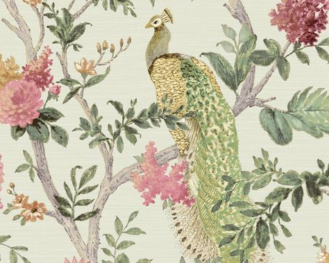 Galerie Wallpaper, Pink And Green Wallpaper, Motif Arabesque, Floral Peacock, Peacock Wallpaper, W Wallpaper, Tree Patterns, Burke Decor, Green Glitter