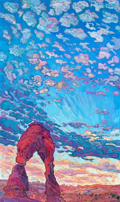 Delicate Arch original oil painting for sale of Arches National Park, southern Utah, by modern impressionist Erin Hanson Contemporary Impressionism Painting, Erin Hanson Painting, Arches Painting, Fine Art Prints Artists, Grafika Vintage, Erin Hanson, Delicate Arch, Contemporary Impressionism, Modern Impressionism