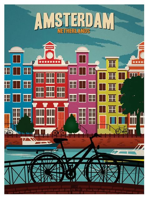 "Amsterdam - Netherlands " Sticker for Sale by art-lovers | Redbubble Travel Postcard, Retro Travel Poster, Amsterdam Travel, Travel Products, Images Vintage, Amsterdam Netherlands, Bike Shop, Vintage Travel Posters, Travel Prints