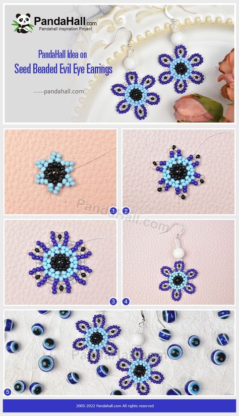 Beautiful Beaded Earring, Diy Seed Bead Earrings, Bead Crafts Diy, Beaded Earrings Tutorials, Beading Jewelery, Bead Weaving Patterns, Beaded Jewelry Tutorials, Handmade Jewelry Tutorials, Evil Eye Earrings