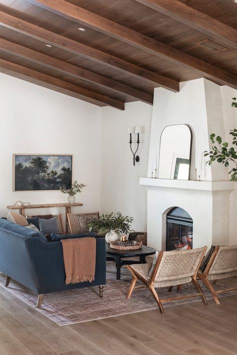 Hacienda Living Room, Diy French Doors, Mediterranean Style Living Room, Modern Hacienda, Stucco Fireplace, Mediterranean Living Room, The Hacienda, Jenna Sue Design, Diy Console Table