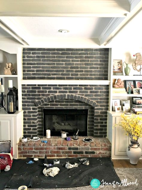 Black Painted Brick Fireplace Jennifer Allwood Black Painted Brick Fireplace, Black Painted Brick, Black Brick Fireplace, Jennifer Allwood, Painted Brick Fireplace, Black Brick Wall, Painted Brick Fireplaces, Fireplace Seating, Lime Wash