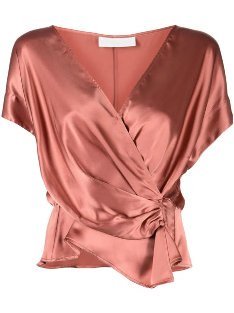 camel brown silk satin finish draped detailing V-neck Satin Blouse Designs, Silk Top Outfit, Satin Top Outfit, Silk Tops For Women, Floral Print Chiffon Maxi Dress, Petite Style Outfits, Linen Wrap Top, Satin Wrap Top, Blouse Tops Designs