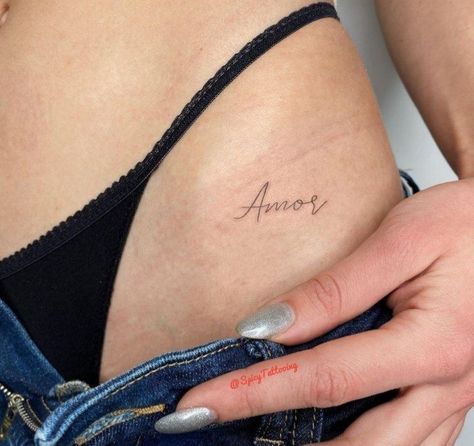 Italian Word Tattoos For Women, Amor Tattoos For Women, Small Intimate Tattoo, Amore Tattoo Fonts, Mi Amor Tattoo, Intimate Tattoos For Women, Amour Tattoo, Herz Tattoo Klein, Amor Tattoo