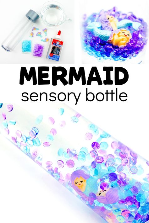 Mermaid Sensory Bottle to Wow the Kids - Fun-A-Day! Preschool Winter Math, Mermaid Sensory, Little Mermaid Crafts, Preschool Supplies, Toddler Projects, Valentine Art Projects, Sensory Bottle, Mermaid Toys, Mermaid Kids