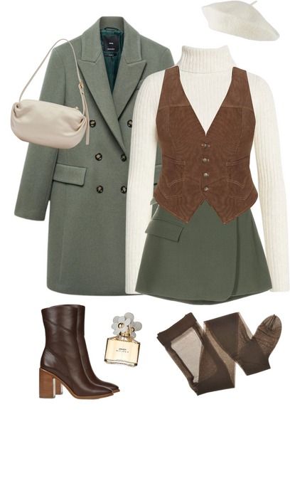 Sage Vest Outfit, Sage Green Winter Outfit, Sage Green Coat Outfit, Green Autumn Outfit, Sage Green Outfit Aesthetic, Sage Green Clothes, Green Academia Outfit, Sage Green Outfit Ideas, Sage Outfits